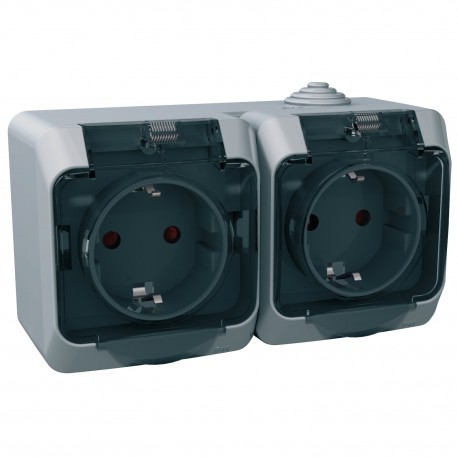 Розетка двойная с крышкой IP44 Schneider-Electric Cedar Plus (16А, с з/к, серый) WDE000525