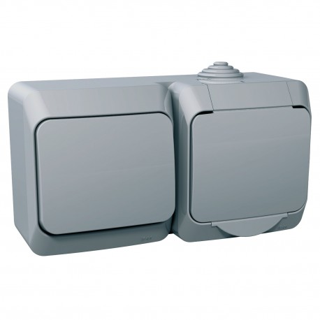 Розетка с заземлением и выключатель 1-кл. IP44 Cedar Plus (16А, с з/к, серый) WDE000600